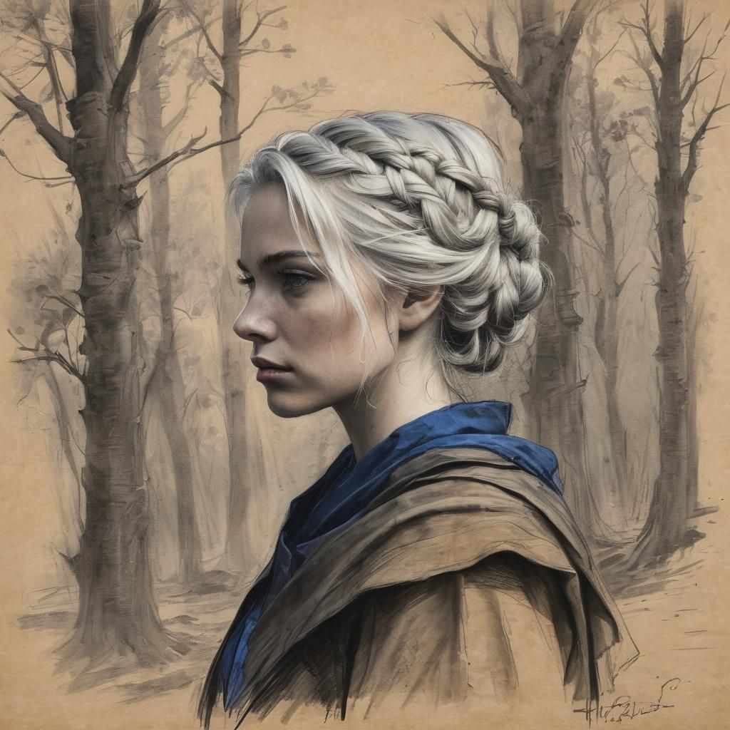 Medieval Ranger with Twisted Updo in Charcoal Portrait