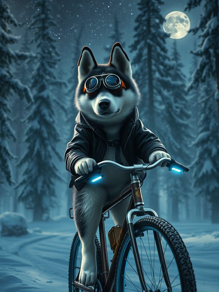 Siberian Husky Pedals Vintage Bicycle Through Mystical Fores...