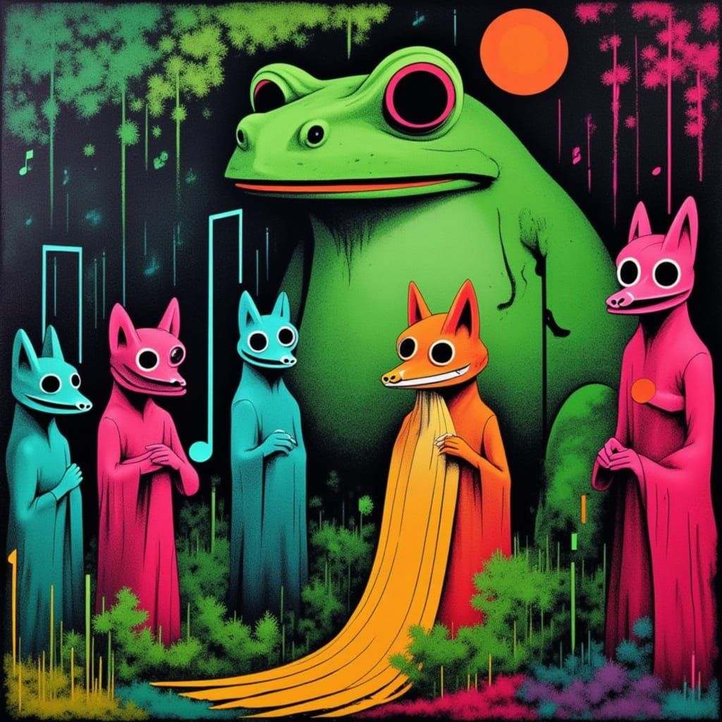 Giant Toad and Fox Bride in Forest Ritual, Matisse Style