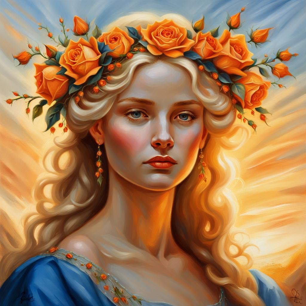 Elegant Woman with Roses in Renaissance Oil Painting
