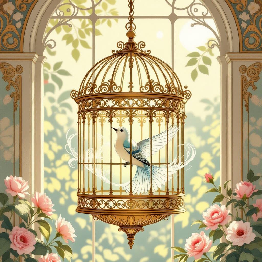 Art Nouveau Birdcage with Ethereal Songbird Illustration