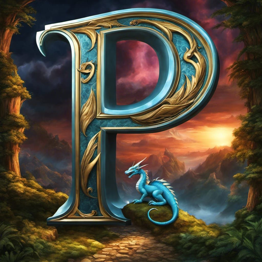 Dragon on Letter P in Fantasy Style