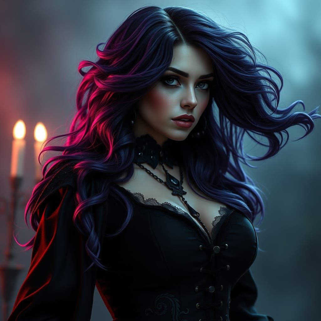 Gothic Woman with Flowing Purple Hair