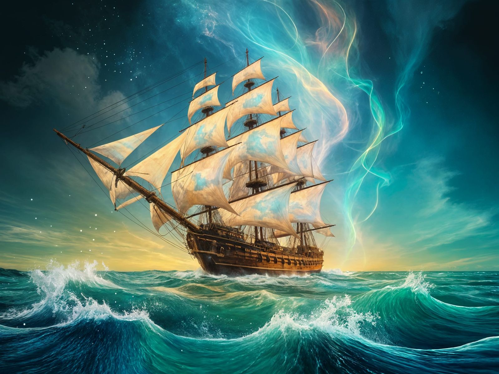Surreal Seascape with Galleon Amidst Swirling Clouds