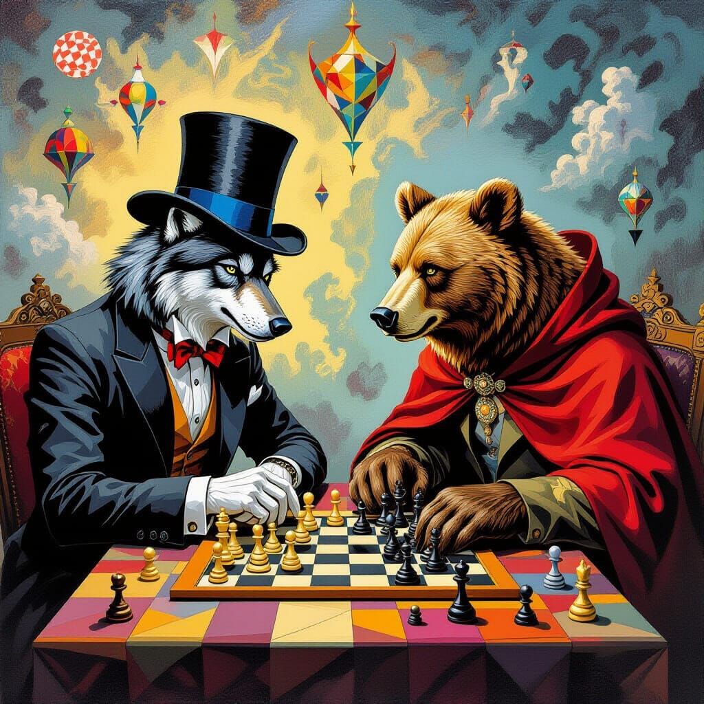 Wolf Sorcerer and Bear Druid Play Chess in Magritte Style