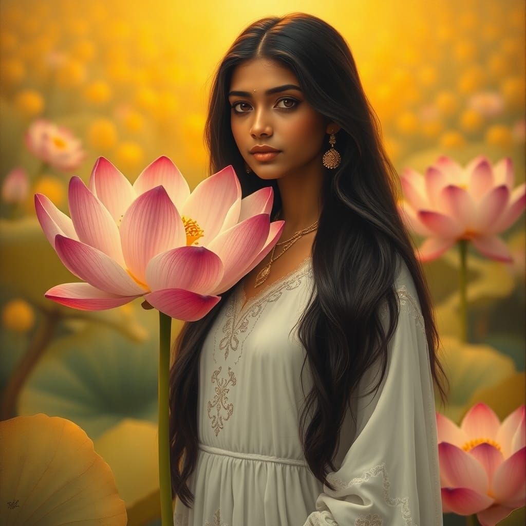 Serene Indian Girl Among Golden Lotus Flowers