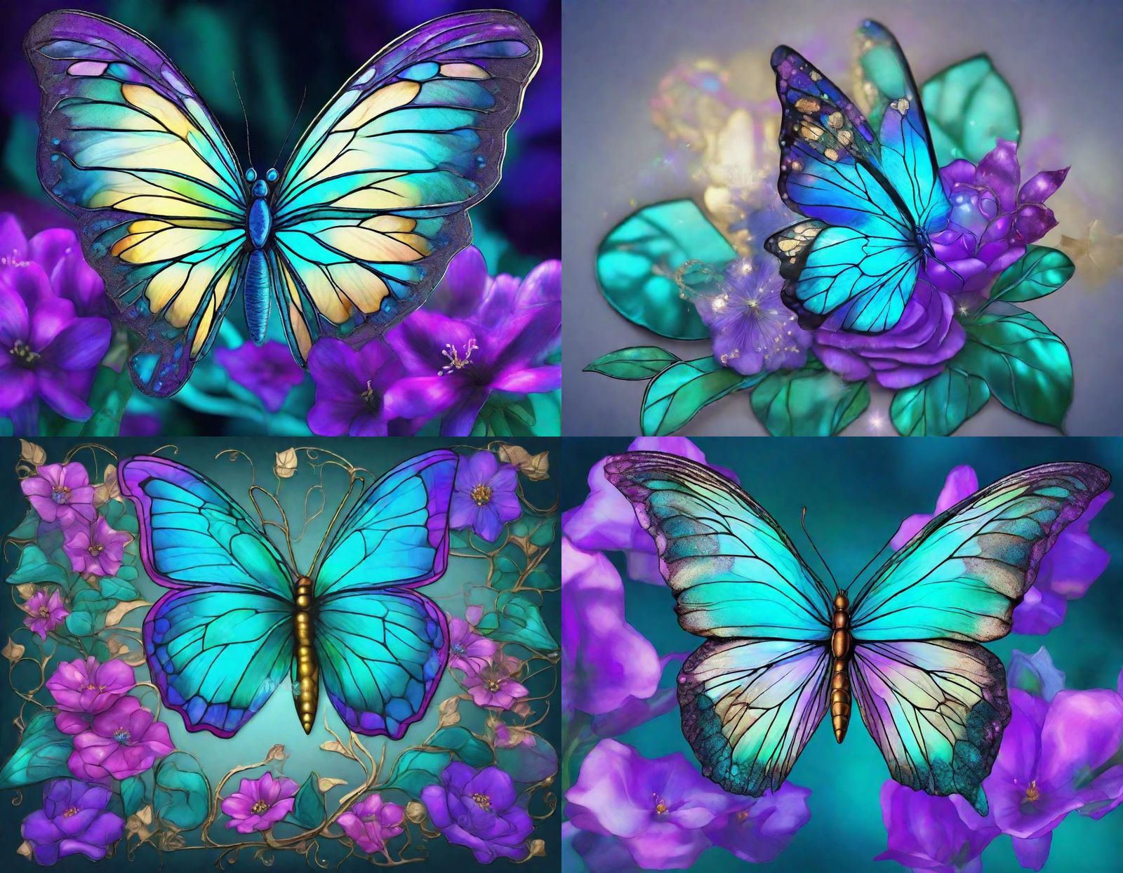 Stained Glass Butterfly on Teal and Purple Flower