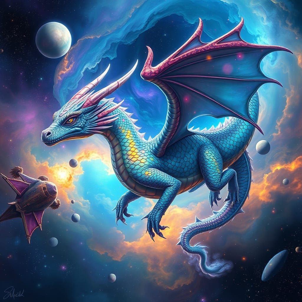 Celestial Dragon in Vibrant Nebula Digital Painting