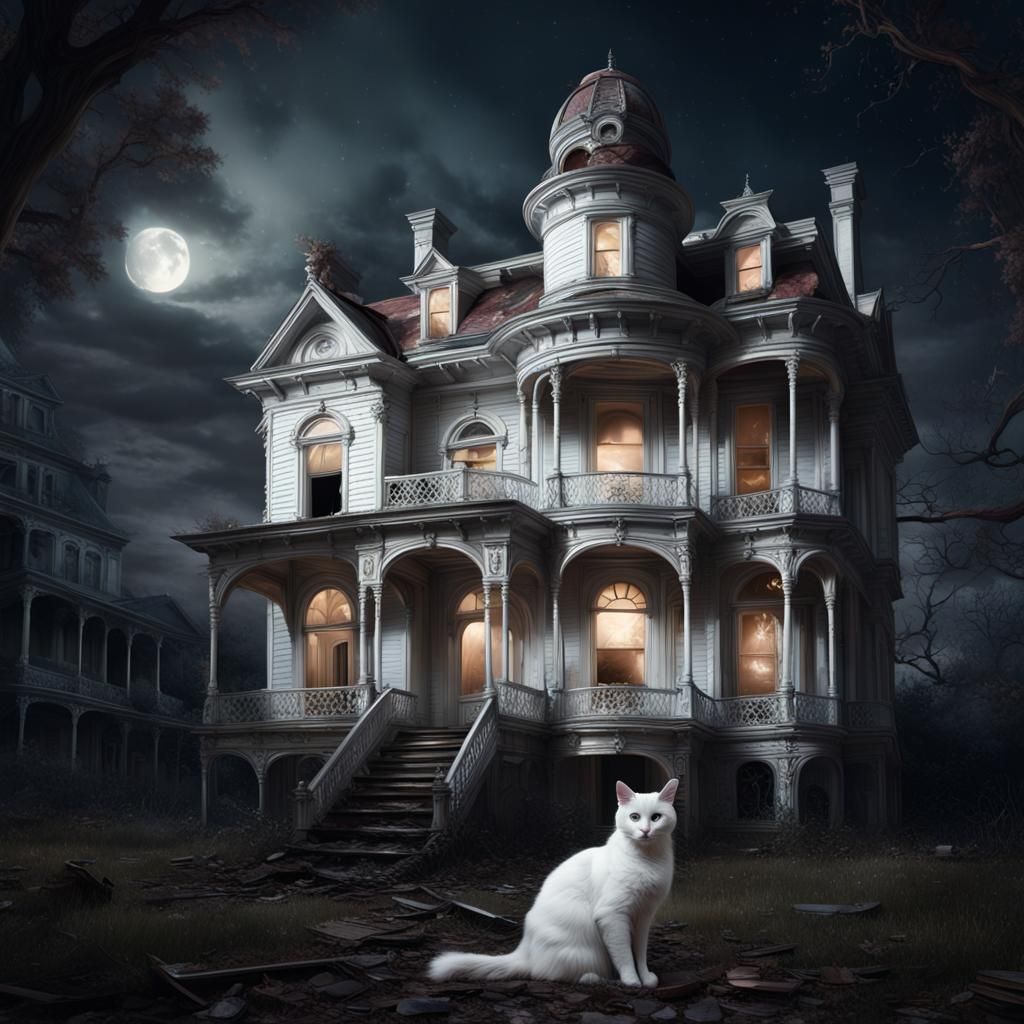 White Cat in Abandoned Victorian House: Digital Matte Painti...