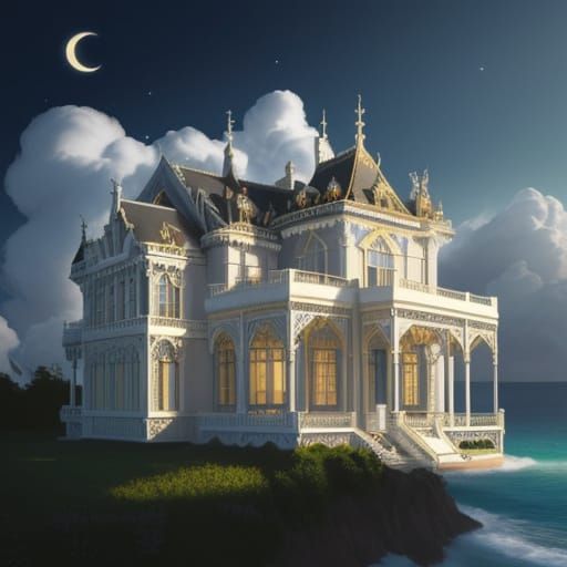 Magical Starry Villa with Snowflake and Flame Motifs