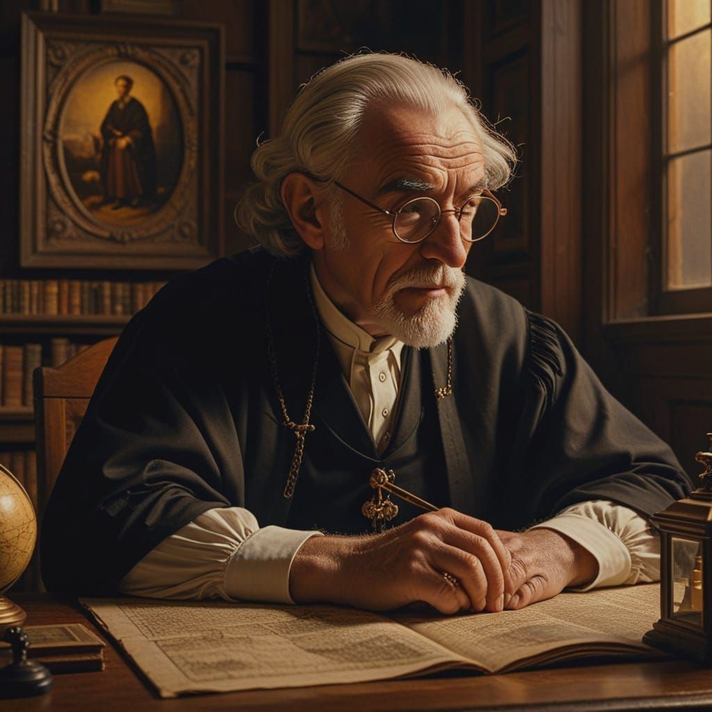 Scottish Patriarch Deep in Thought in Scholar's Study