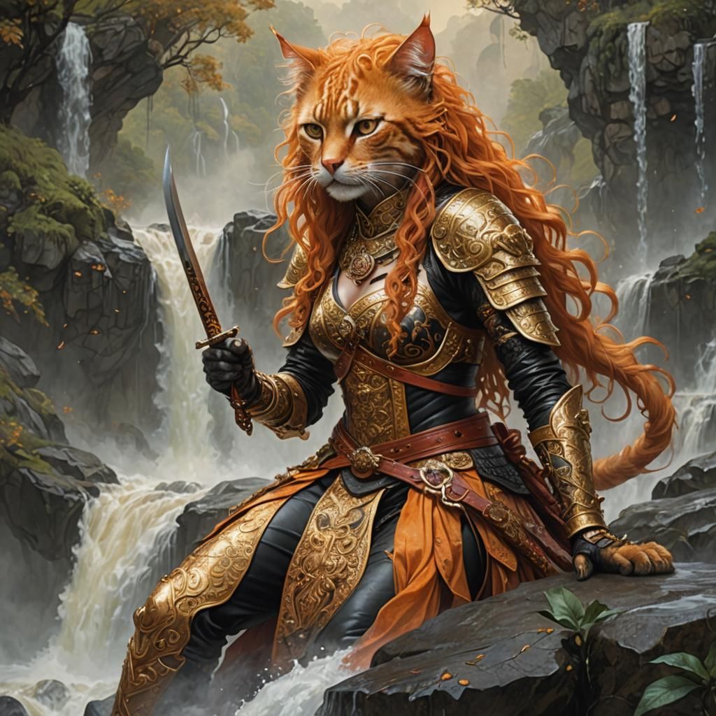Tabaxi Warrior Woman with Katana, Anime Digital Art