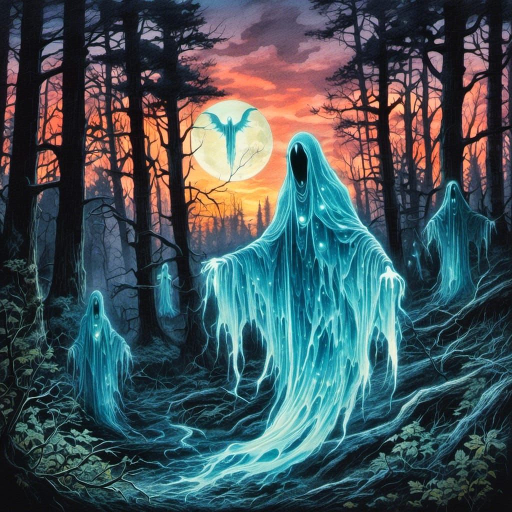 Bioluminescent Ghost in Haunted Cemetery, Watercolor