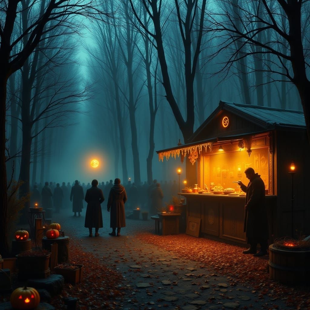 Eerie Autumn Harvest Market in Misty Forest