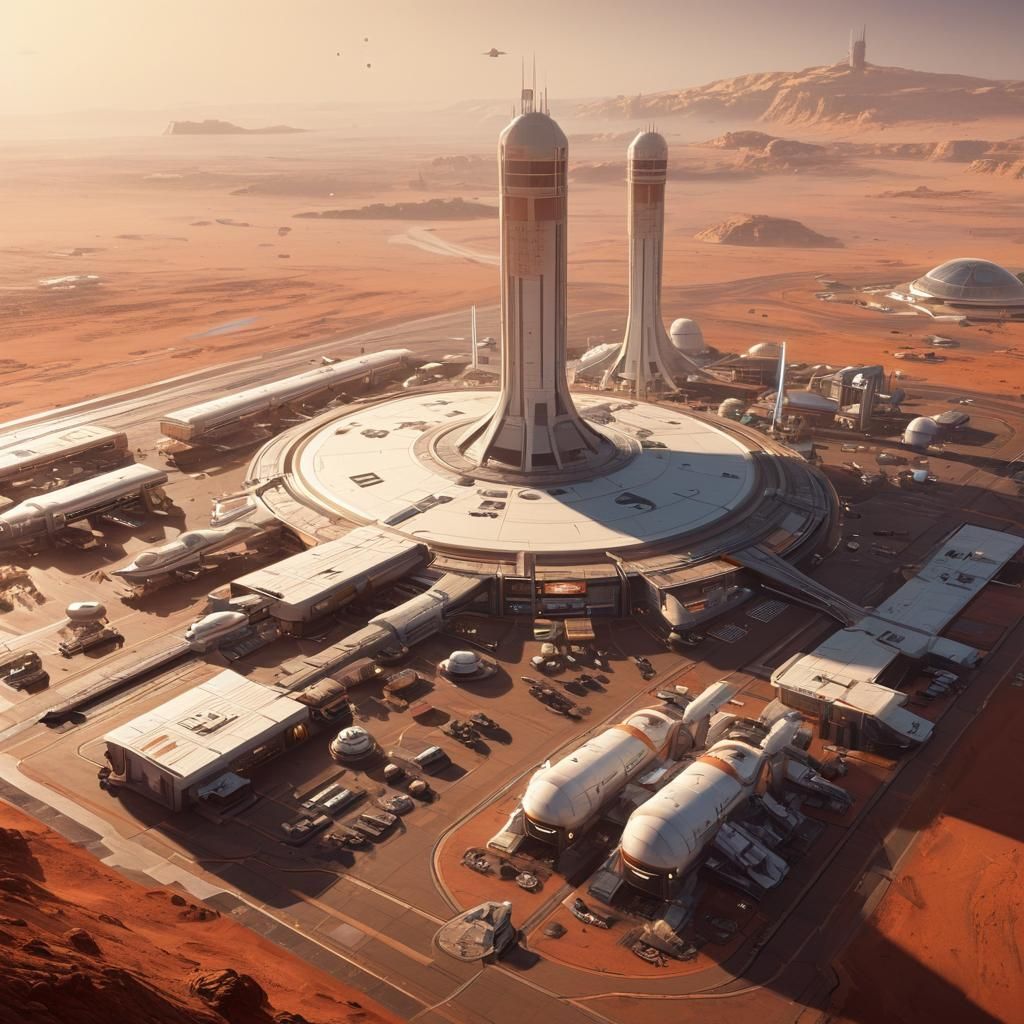 An enormous Weyland Industries interplanetary spaceport on the planet Mars, tarmac, concrete landing pads, control tower...