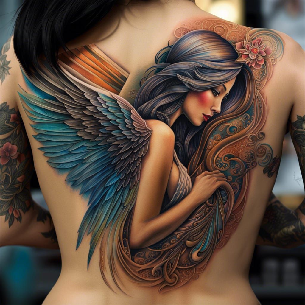 Winged Woman Tattoo Sketch in Colored Ink