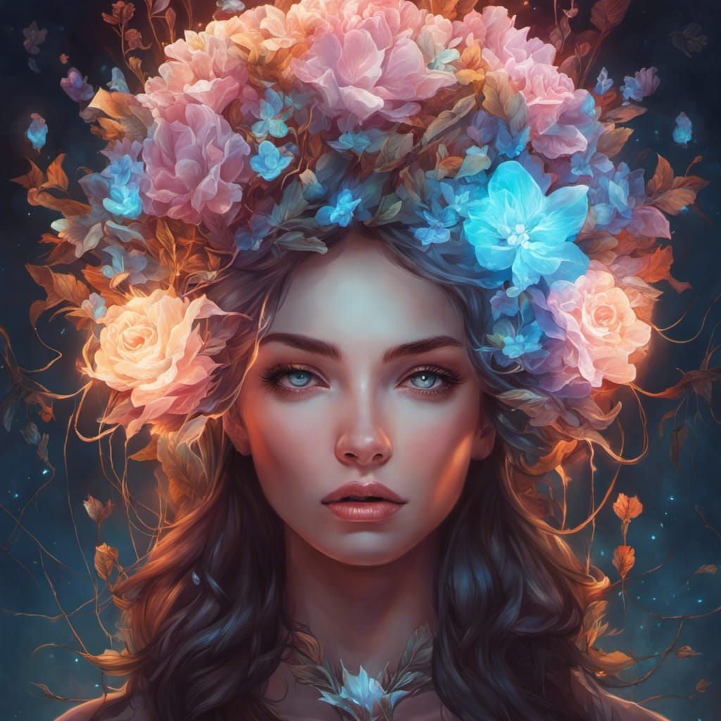 Glowing Brain Portrait with Crystals and Flowers