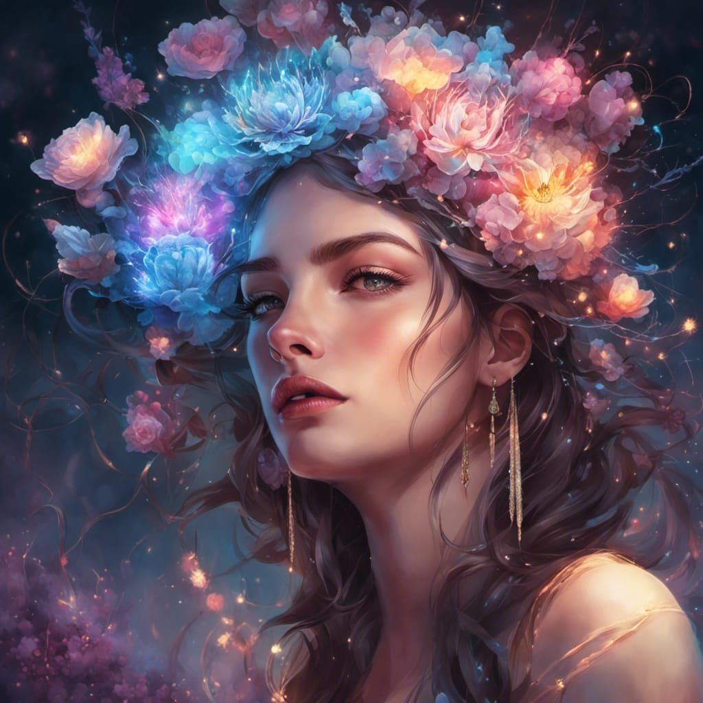 Glowing Crystals and Flowers in Brain Portrait