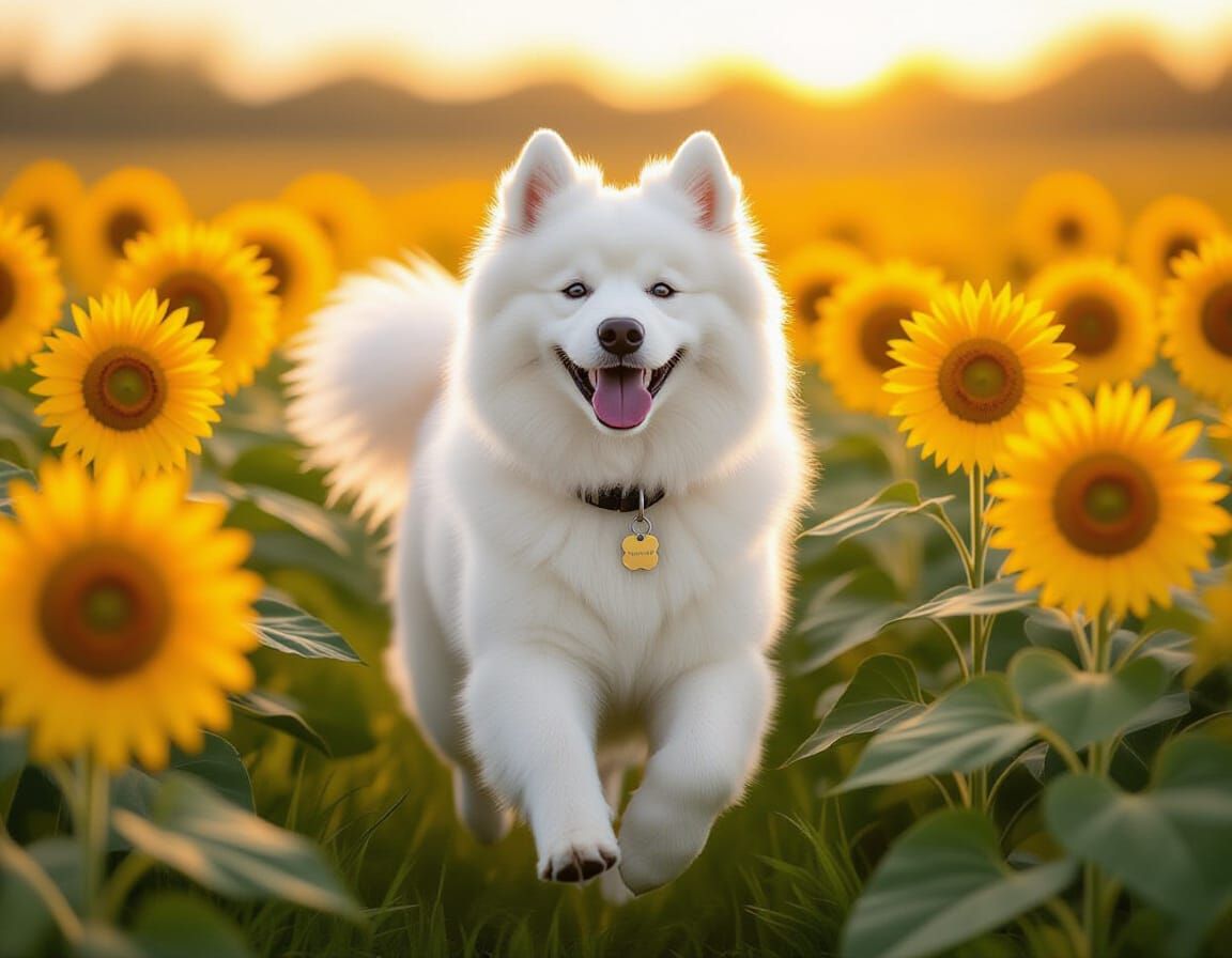 Samoyed Dog Bounding Through Sunflowers in Soft Light