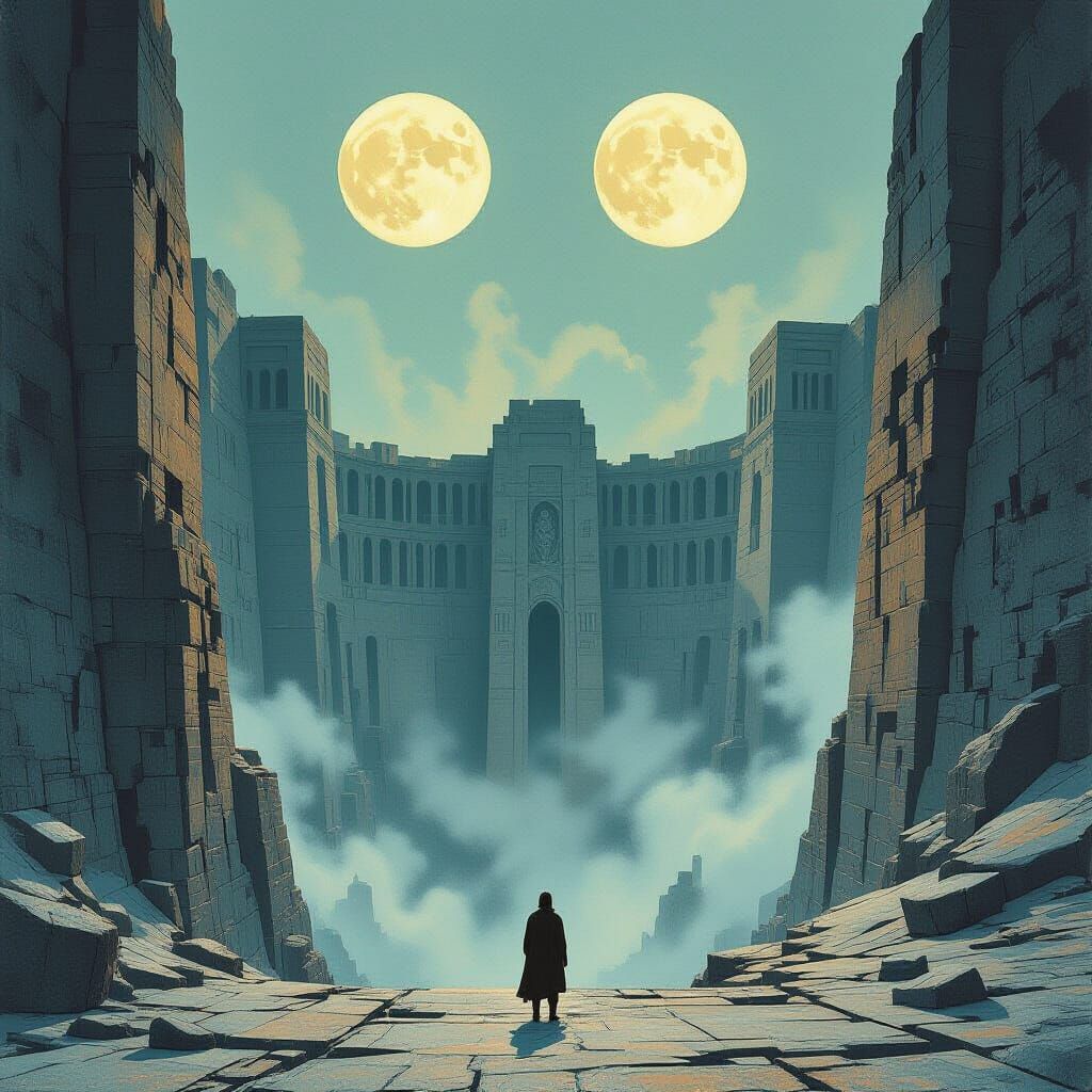 Ancient Brutalist City Under Twin Moons, Aquatint Style