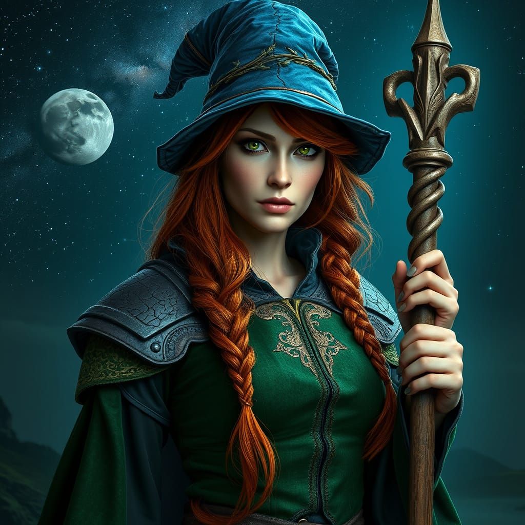 Medieval Sorceress in Starry Night Sky