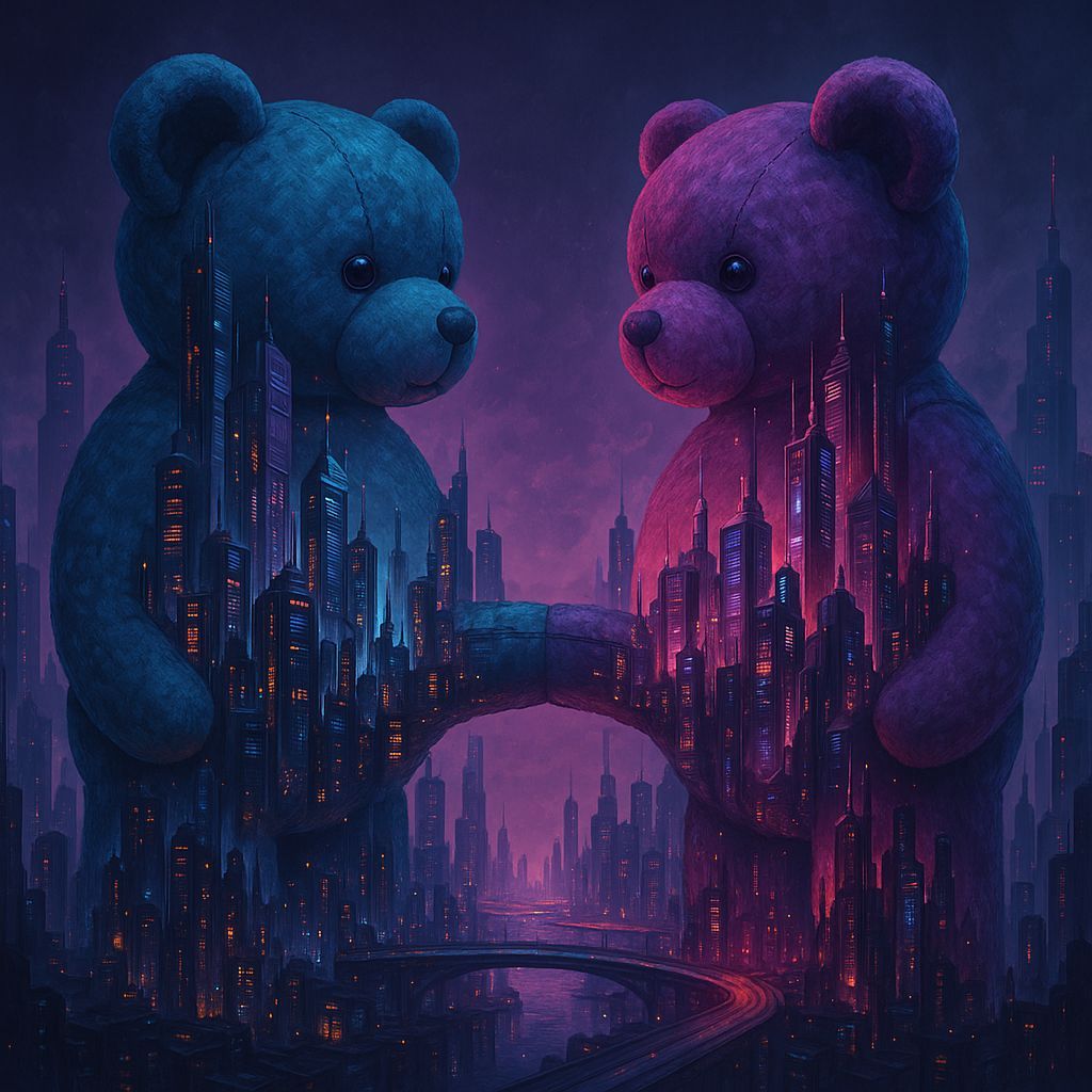 Cyberpunk Teddy Bears Bridge Surreal Cityscapes
