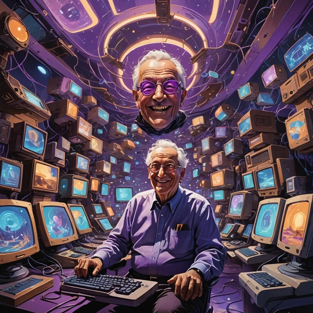 Surreal Sci-Fi Man Surrounded by Floating Computers