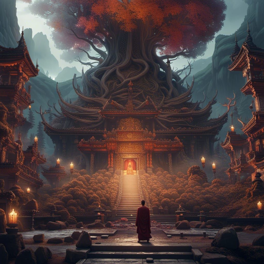 Peaceful Sangha: A Matte Painting of the Next Buddha