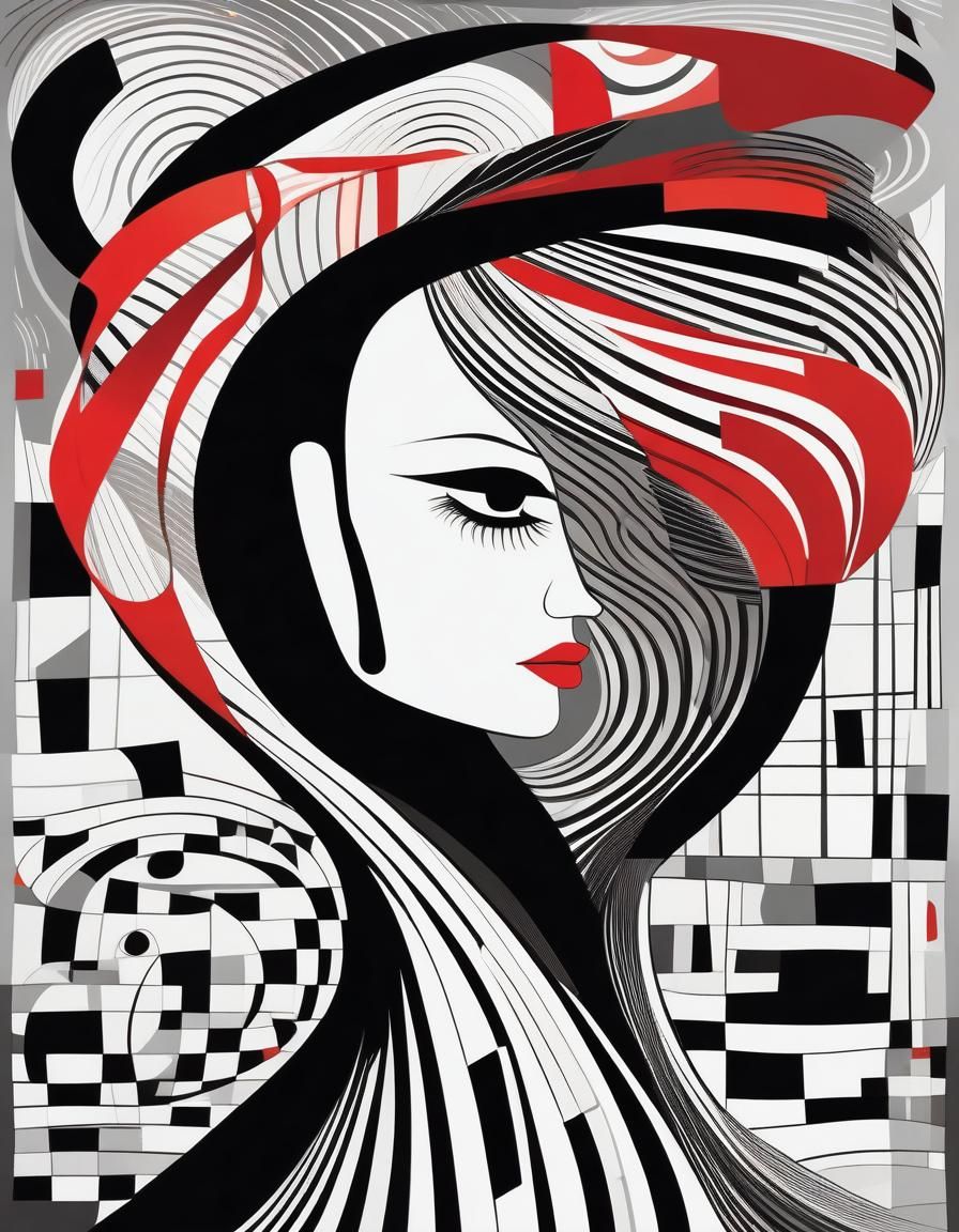 Monochrome Silhouette with Red Ribbon in Cubist Style