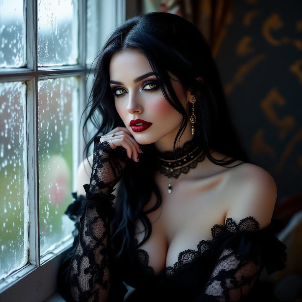 Gothic Woman Portrait with Rain-Covered Window