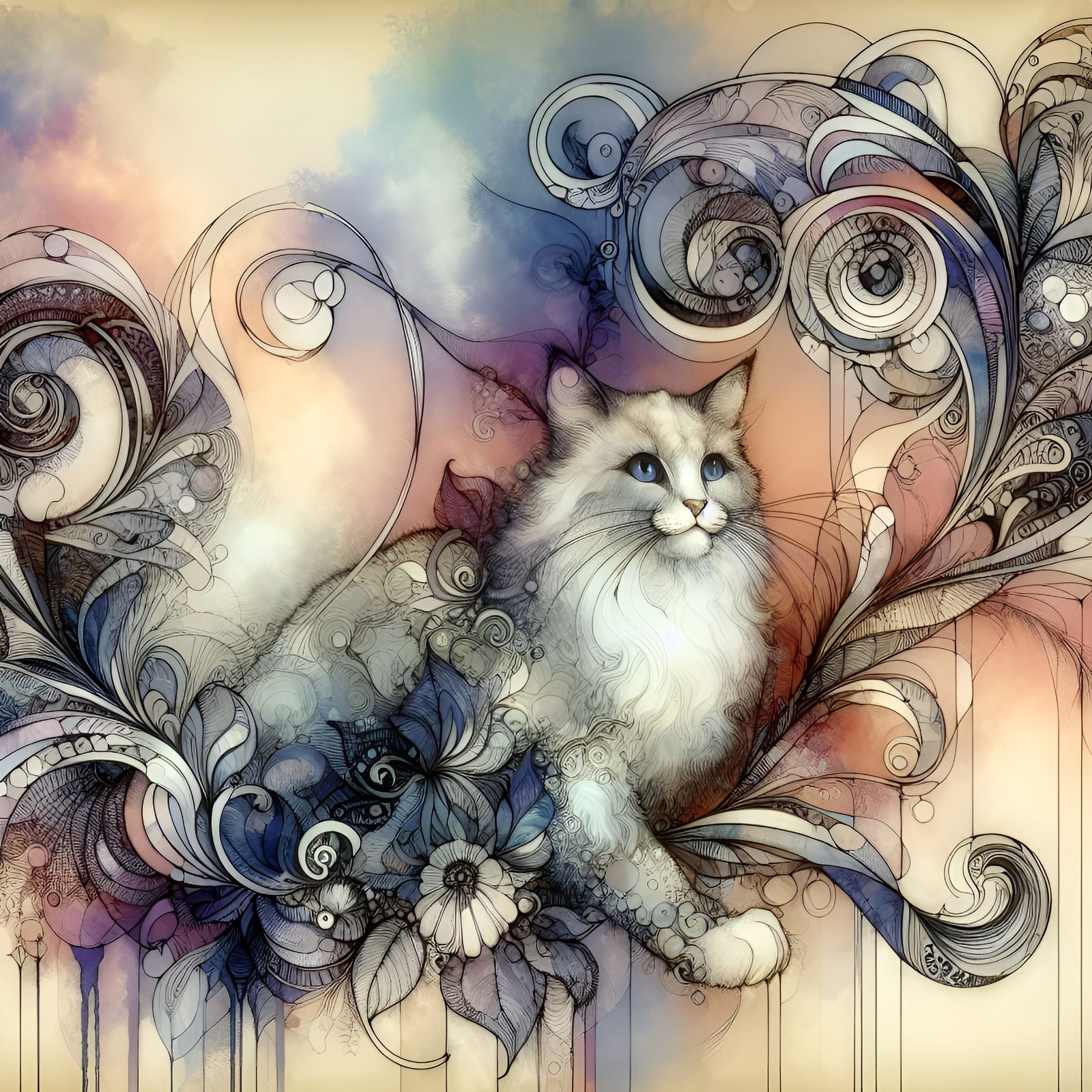 Whimsical Art Nouveau Cat in Watercolor