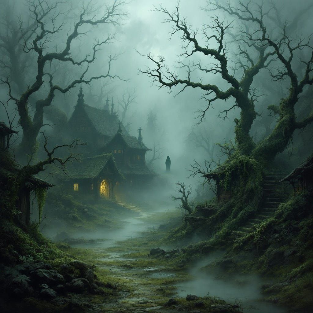 Mystical Village Shrouded in Eerie Fog