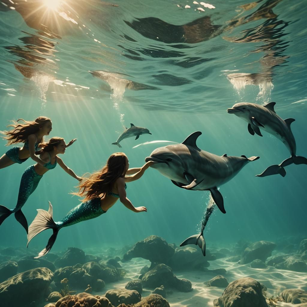 Underwater Mermaids and Dolphins in Cinematic Style