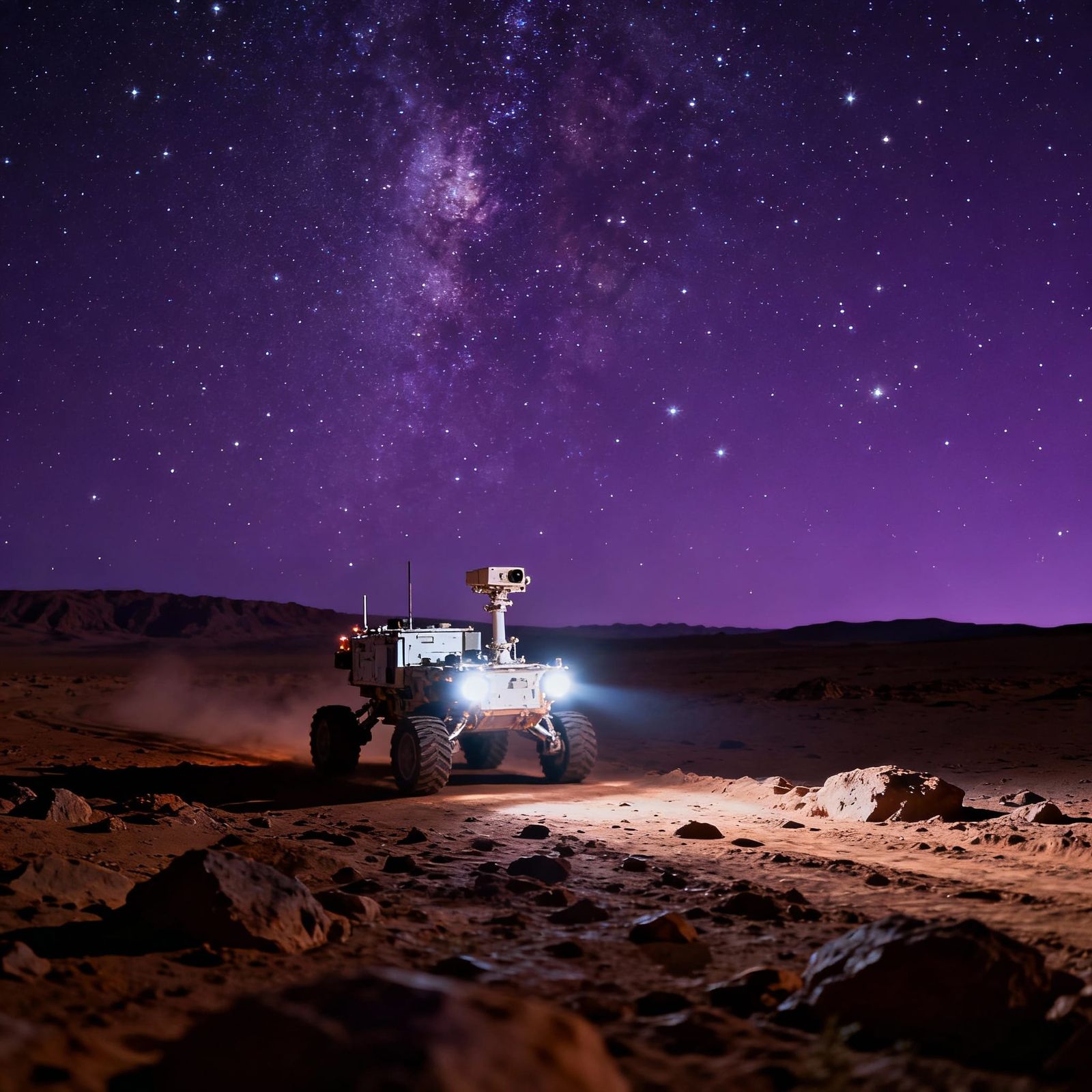 Mars Rover Navigates Starry Night Landscape