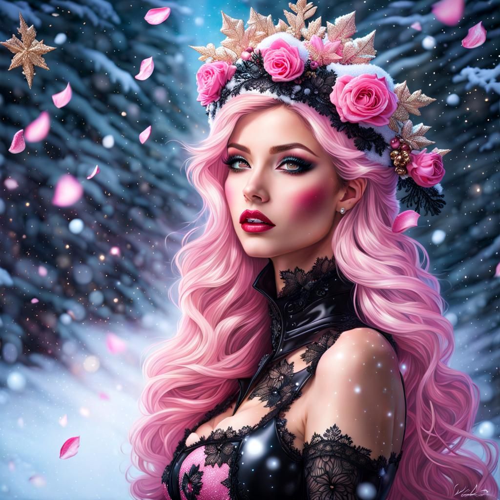 Whimsical Christmas Elf in Pink and Black Lingerie