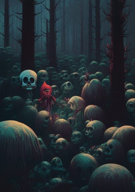 Creepy Skulls in Dark Forest, Detailed Illustration