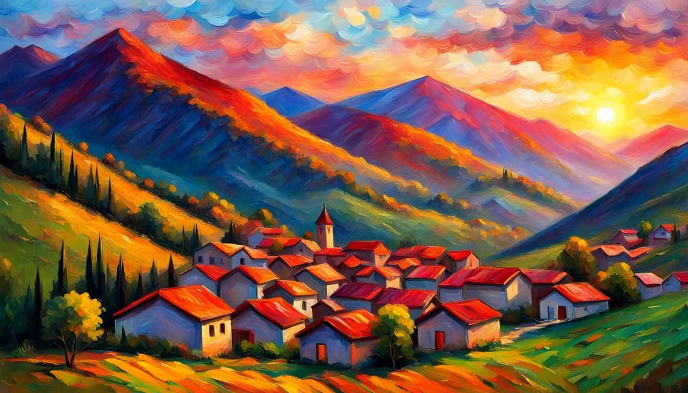 Sunset Over Mountains, Impasto Style Village