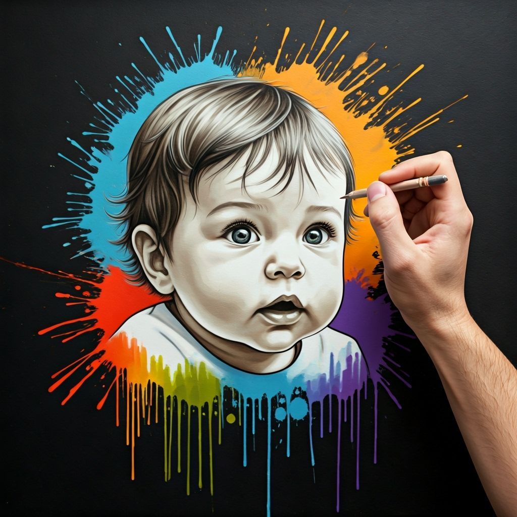 Detailed Pencil Drawing of Baby with Graffiti Art