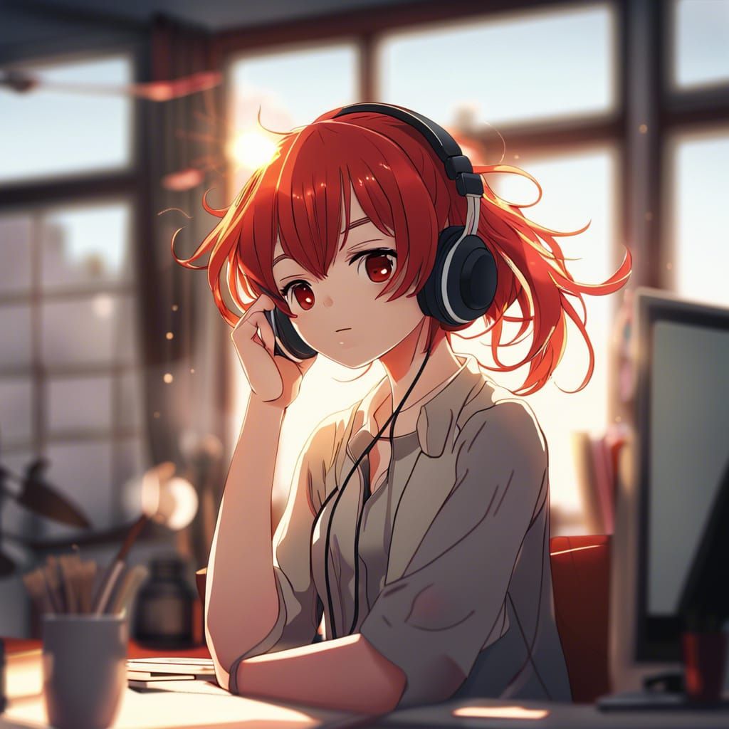 Anime Girl with Red Hair Listening to Lofi