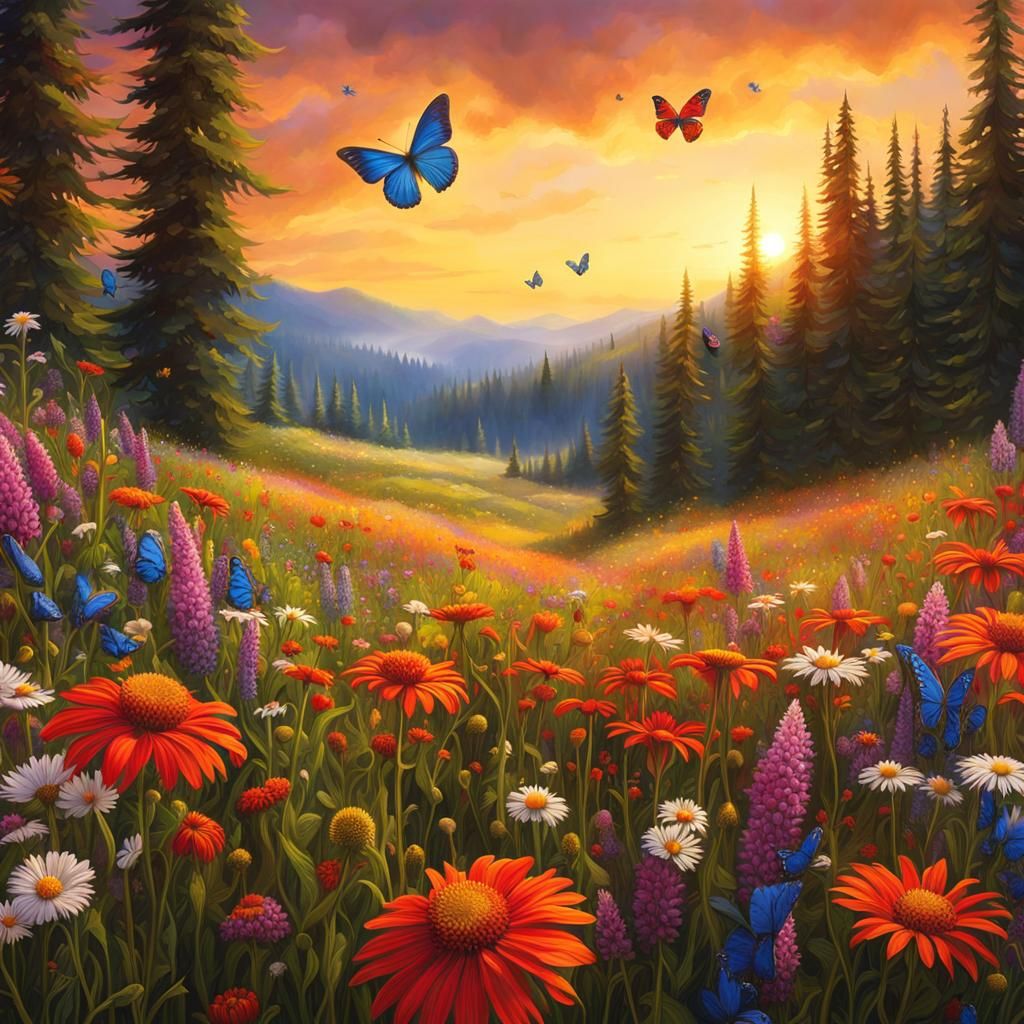 Colorful Wildflower Meadow with Butterflies as Oil Painting