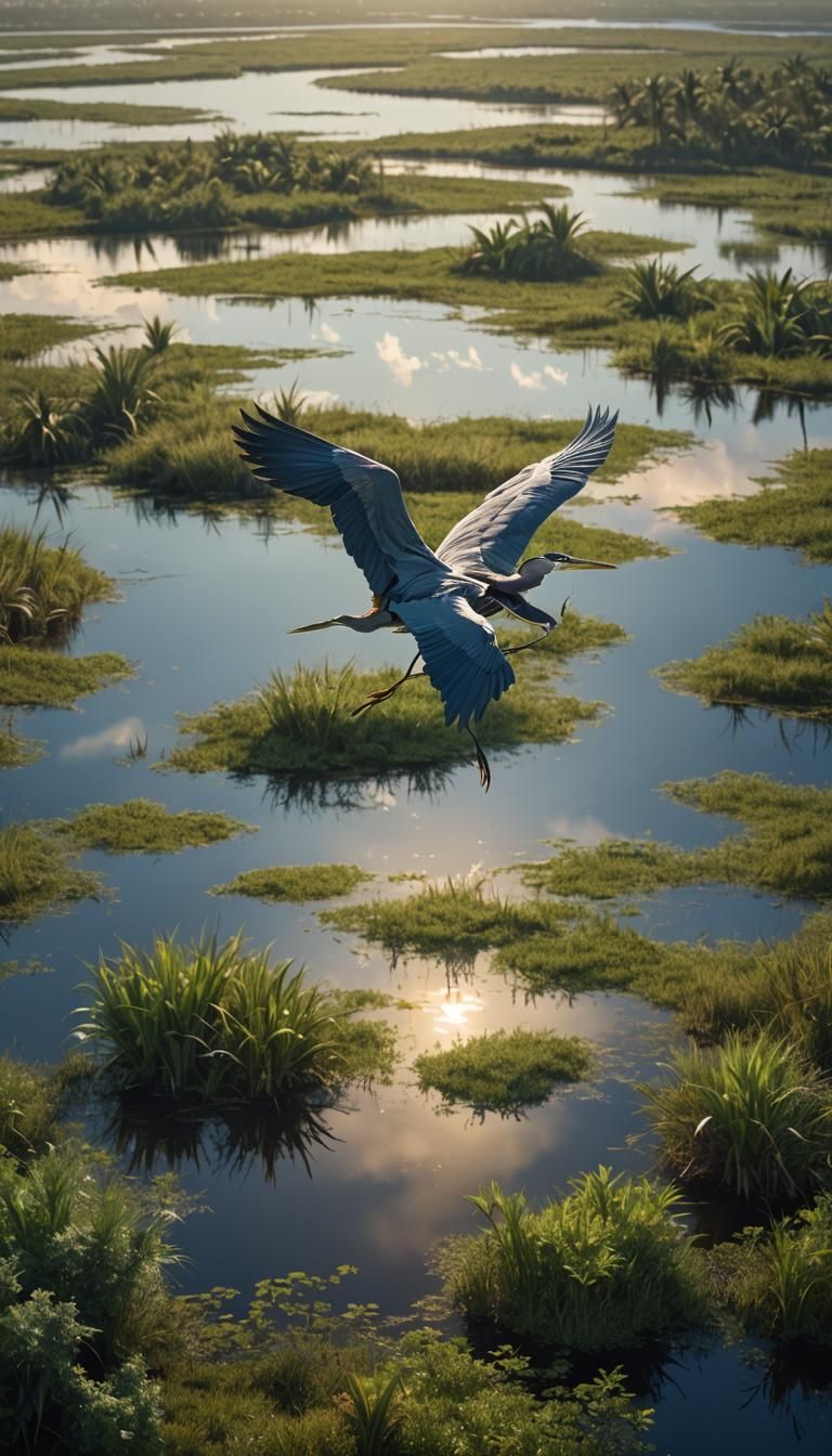 Heron Soaring Above Everglades Wetlands