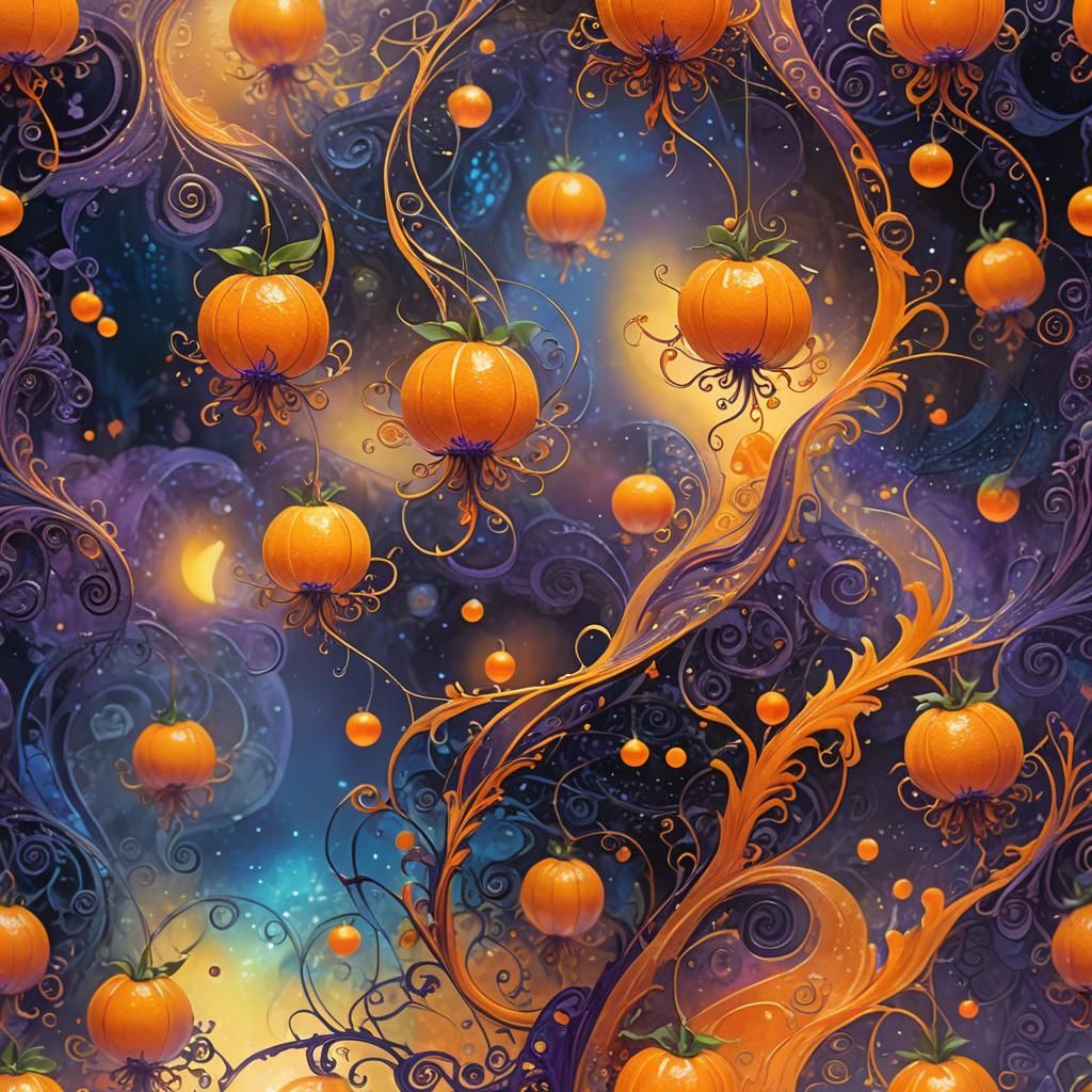 Glowing Tangerine in Mystical Dreamscape, Fantasy Art