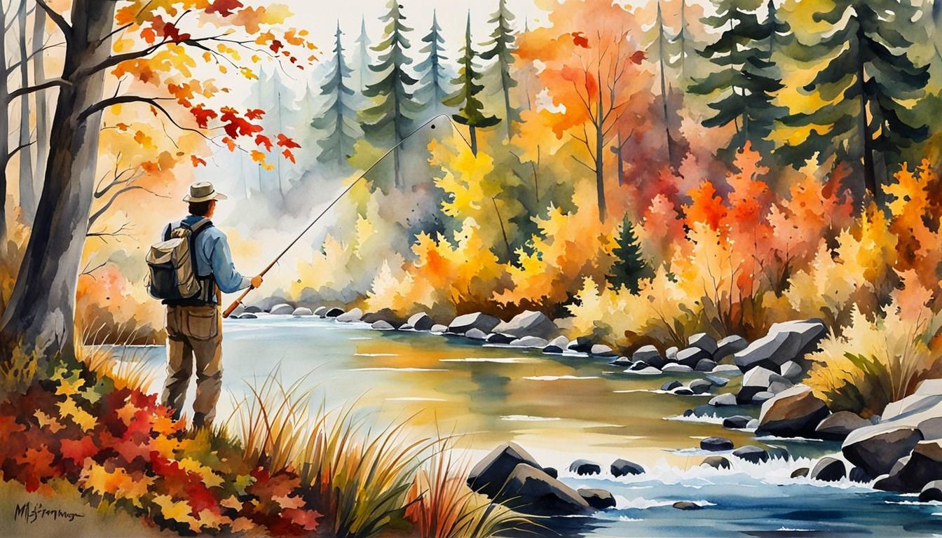 Watercolor Painting of Fly Fishing in Autumn
