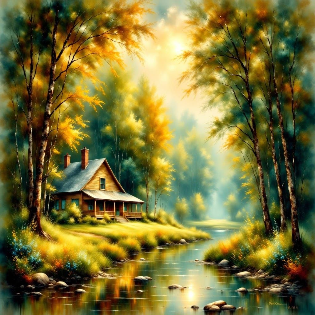 there is  a beautiful spring landscape with vibrant lush tre...
