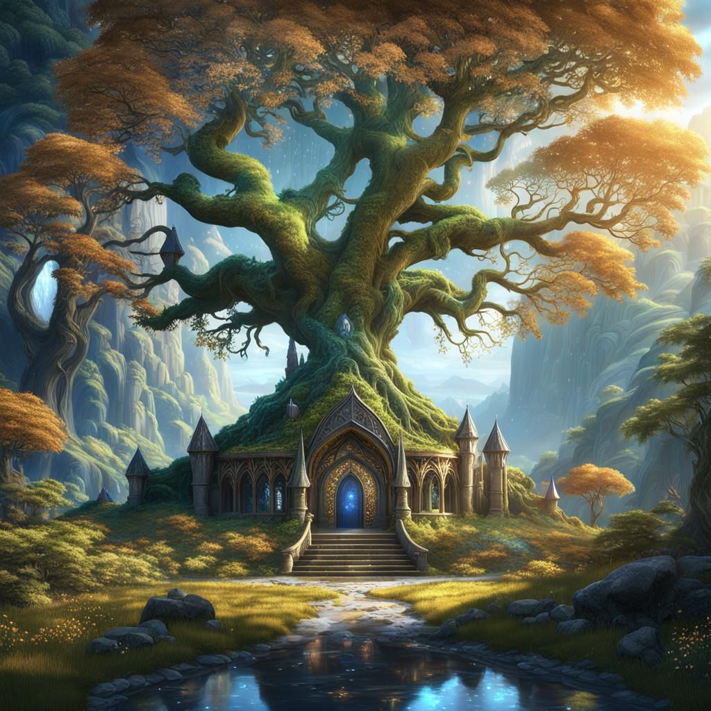 Tree of Life with Opal Leaves in Fantasy Style