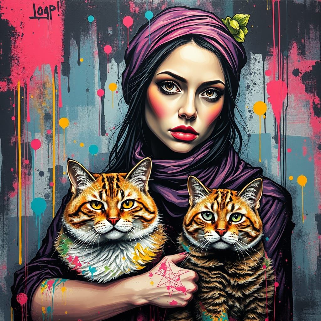Lady with Cat in Vibrant Graffiti Art Style