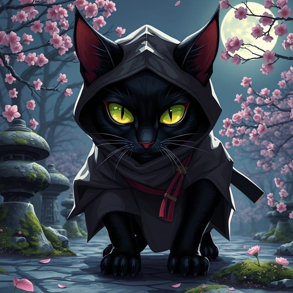 Futuristic Ninja Cat in Moonlit Japanese Garden