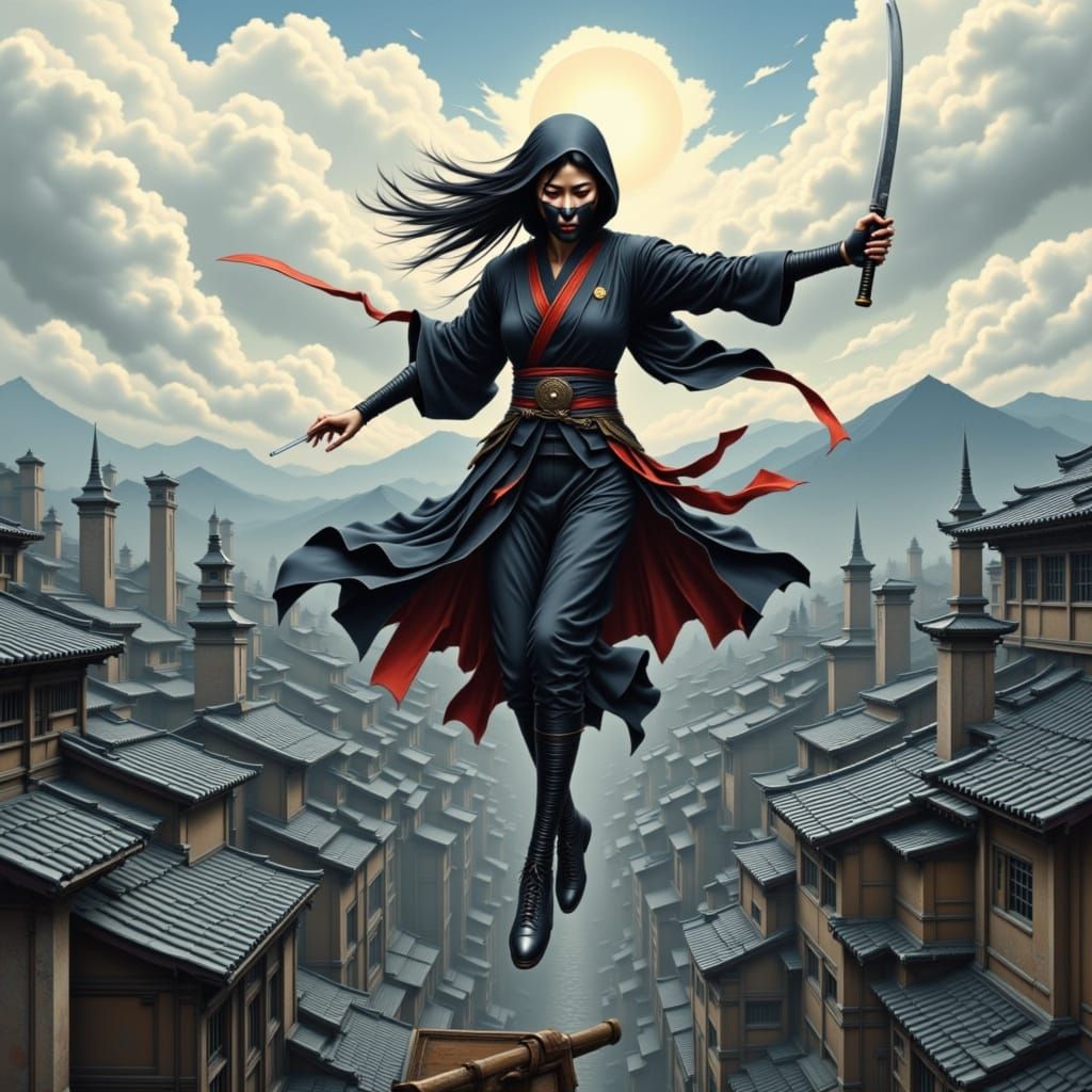Masked Female Ninja Leaps Across Rooftops with Katana