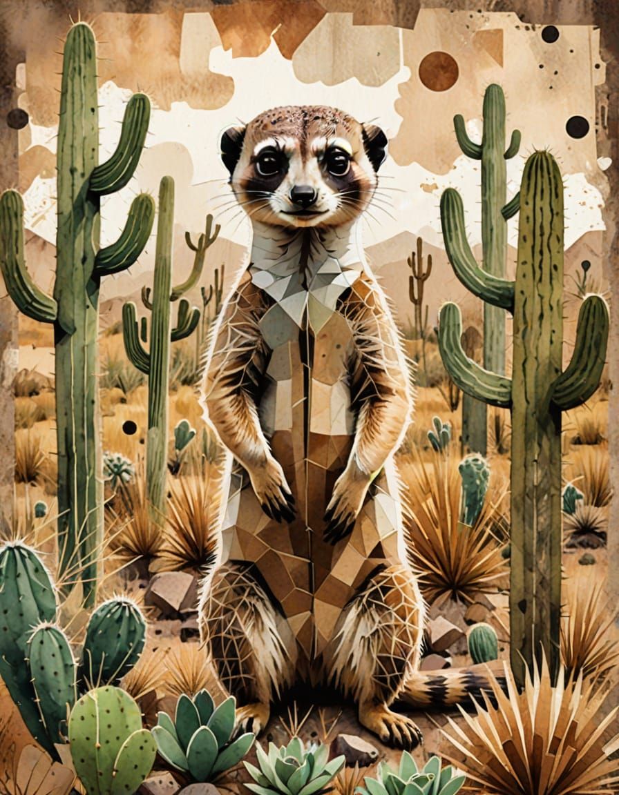 Meerkat in Desert: Mixed Media Collage Illustration