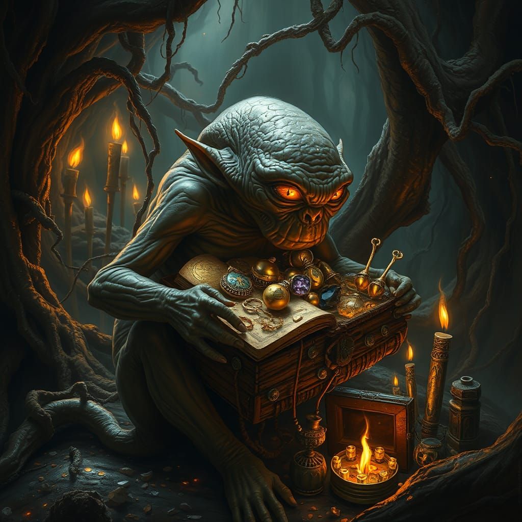 Gollum's Gilded Treasure Trove: Mystical Fantasy Art